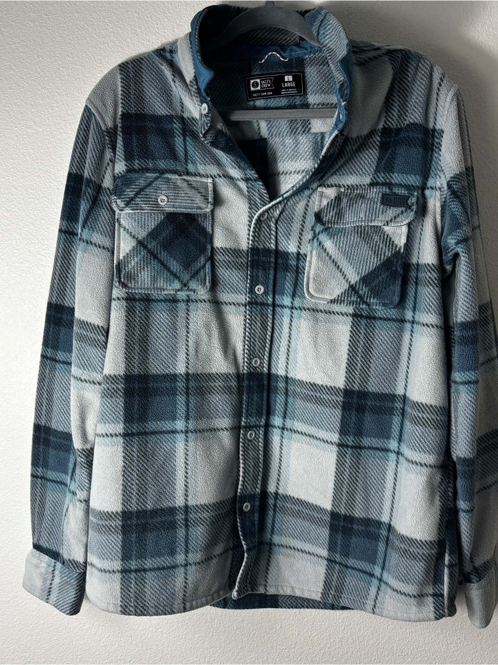 Salty Crew Fleece Flannel Shirt Jacket Blue Plaid Large